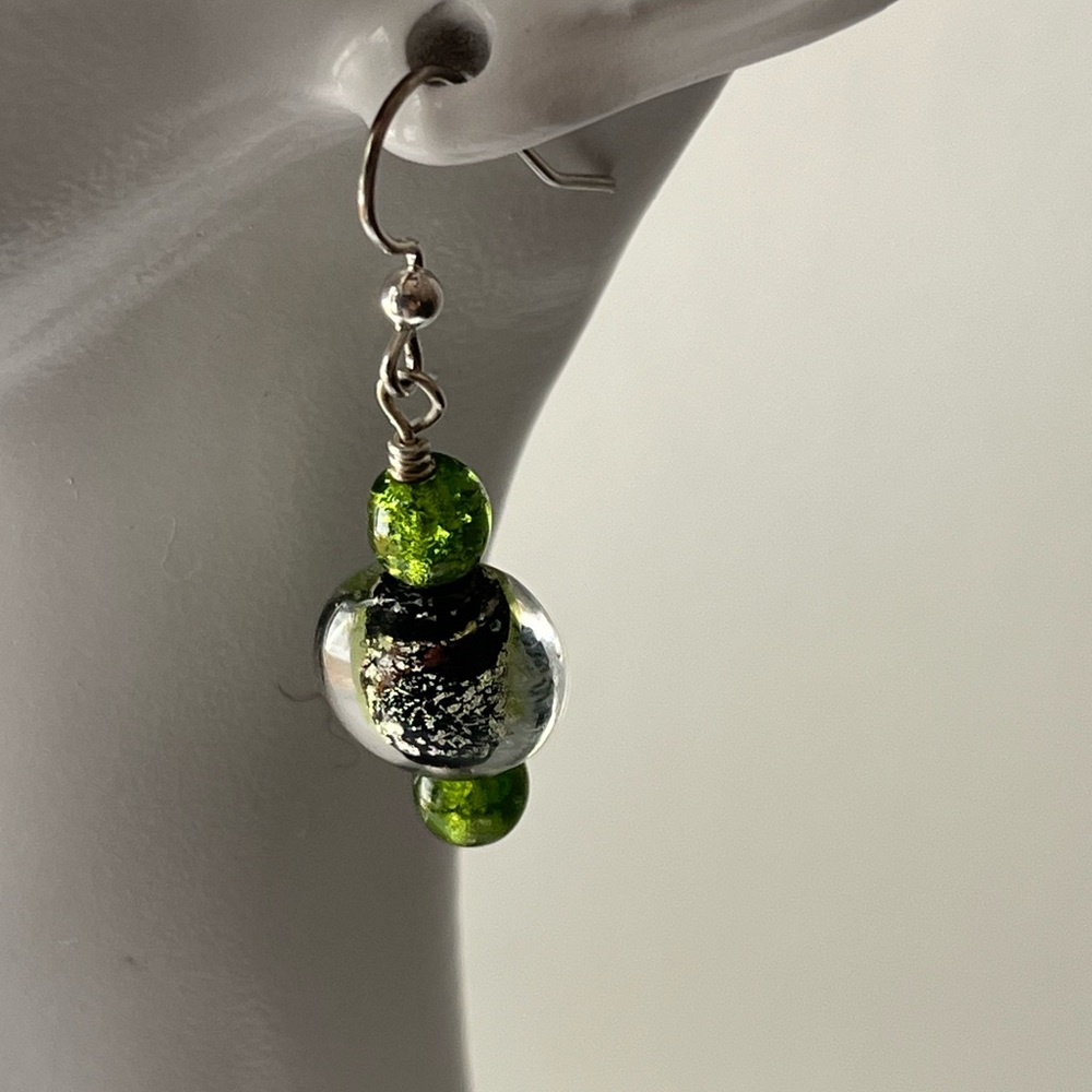 Sterling Silver Handmade Green Glass Bead Dangle Earrings With Fishhook Wires - Picture 4 of 5